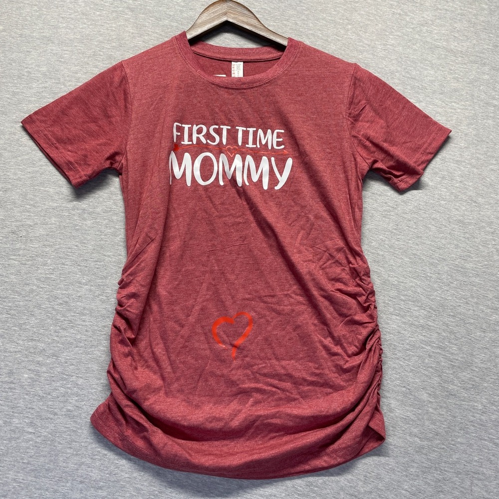 Decrum Maternity T Shirt Womens Small Red Graphic First Time Mommy Ruched Sides